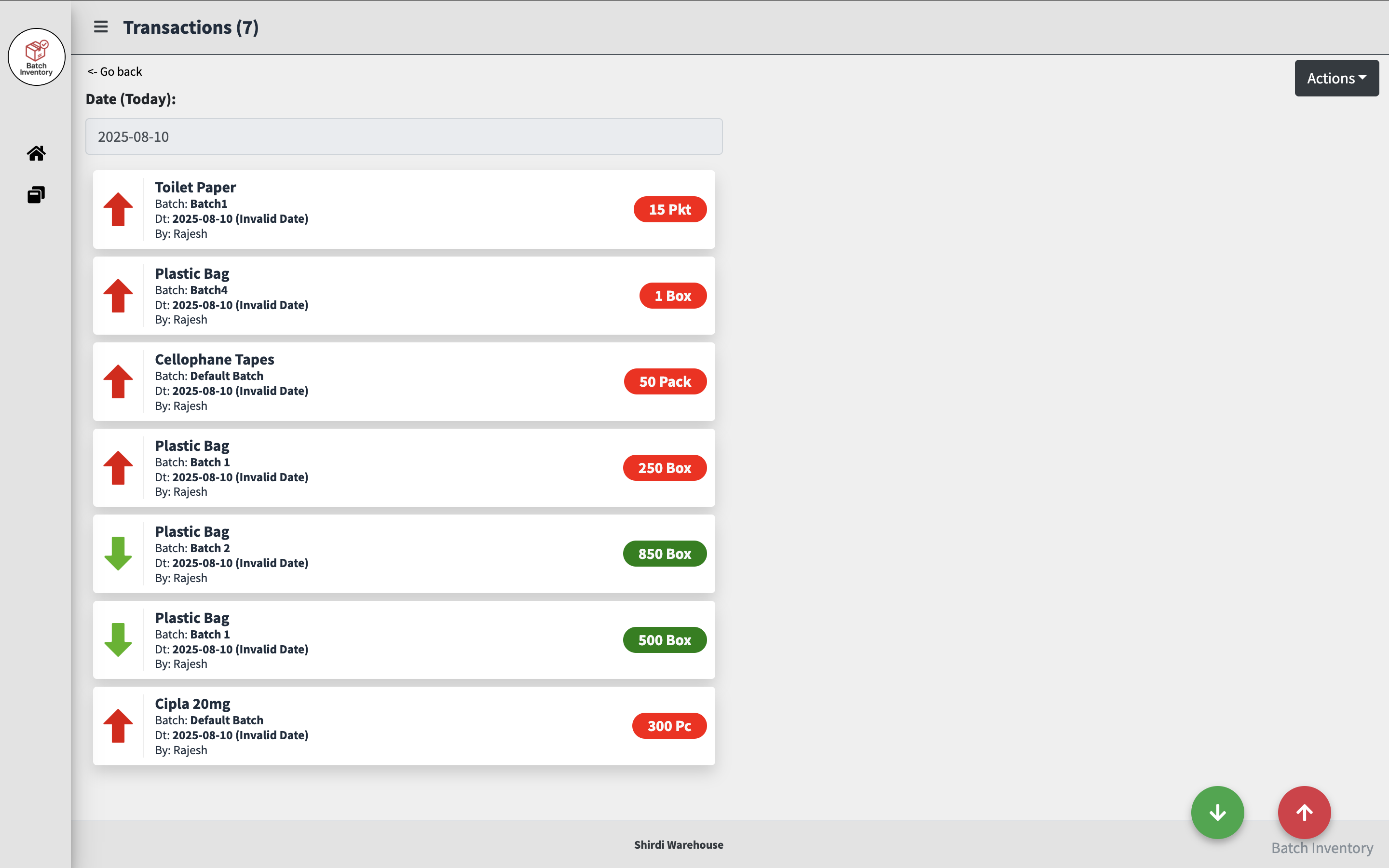 Transactions list